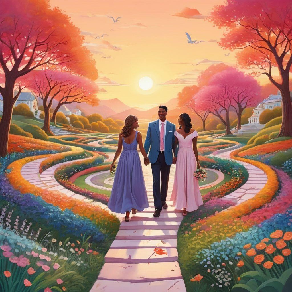 A whimsical illustration of diverse couples navigating a vibrant, labyrinth-like path filled with insurance documents, heart symbols, and life milestones. Each couple represents different alternative relationships, showcasing unique characteristics and styles. The background features a serene landscape with soft colors blending into a warm sunset, symbolizing love and understanding. Bright, inviting colors. cartoon style.
